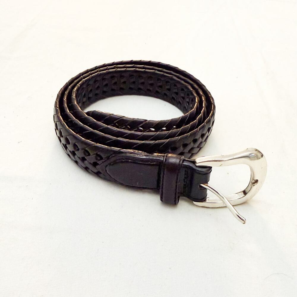 Brighton Black Leather Woven Braided Belt Silver Buckle Size 40